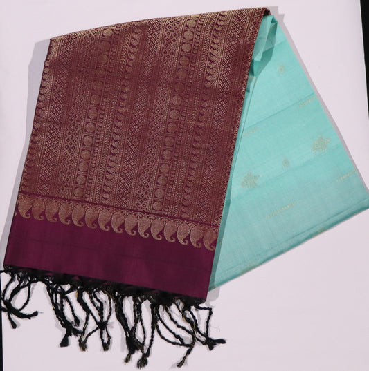 Kanchi Soft Silk Saree – Sea Green with Subtle Gold Buttas & Deep Wine Border