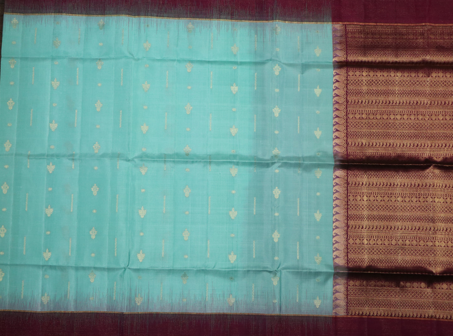 Kanchi Soft Silk Saree – Sea Green with Subtle Gold Buttas & Deep Wine Border