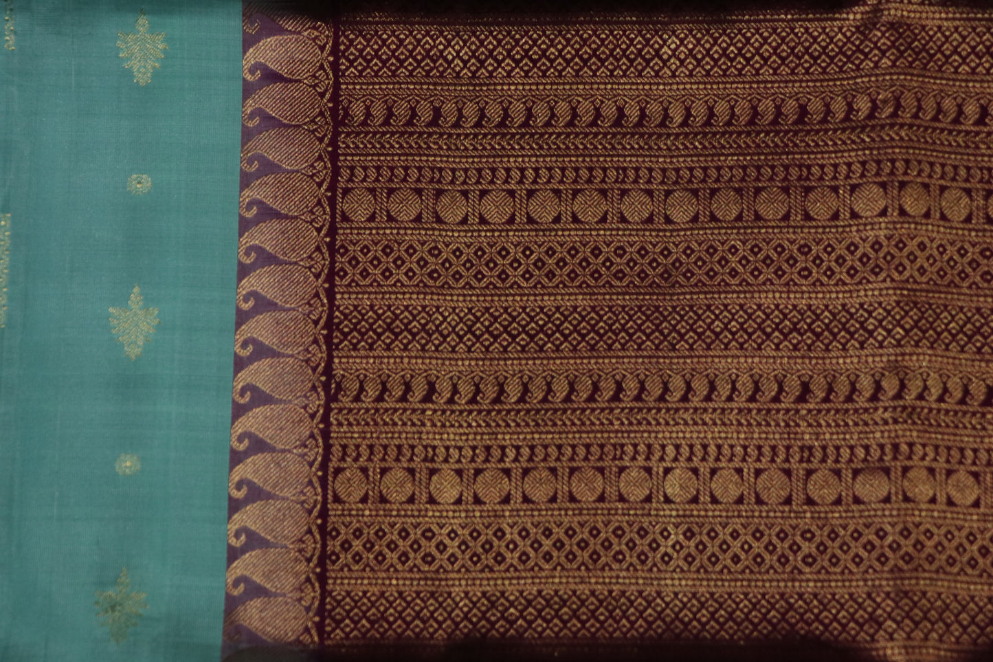 Kanchi Soft Silk Saree – Sea Green with Subtle Gold Buttas & Deep Wine Border