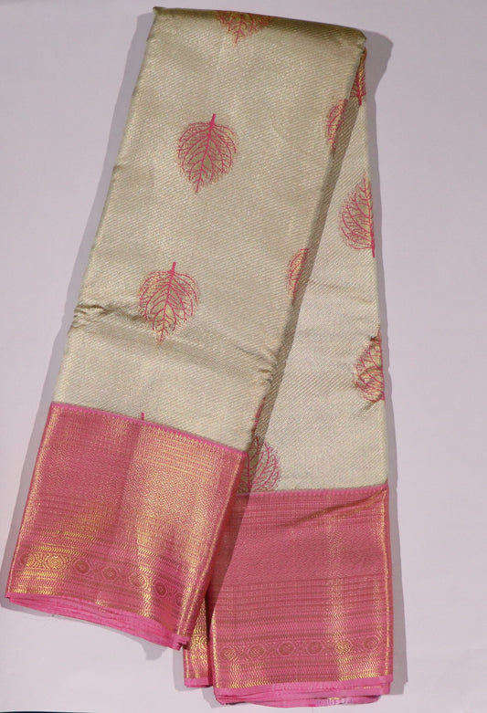 Kanchi Soft Silk Saree – Soft Champagne Gold with Rose Pink Border & Gold Zari