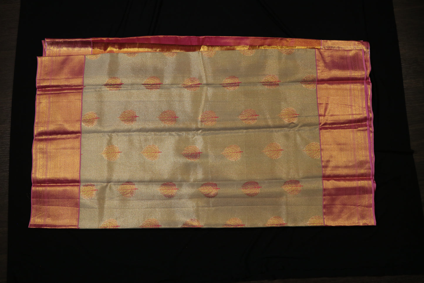 Kanchi Silk-Body-Soft Champagne Gold-Border-Rich Rose Pink-Gold zari weaving