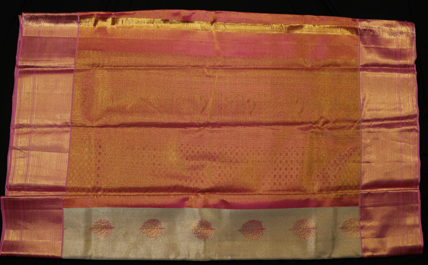 Kanchi Silk-Body-Soft Champagne Gold-Border-Rich Rose Pink-Gold zari weaving
