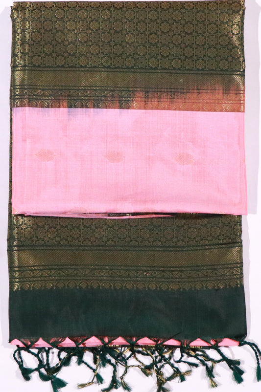 Kanchi Soft Silk Saree – Pink Body with Dark Olive Green Border & Gold Zari