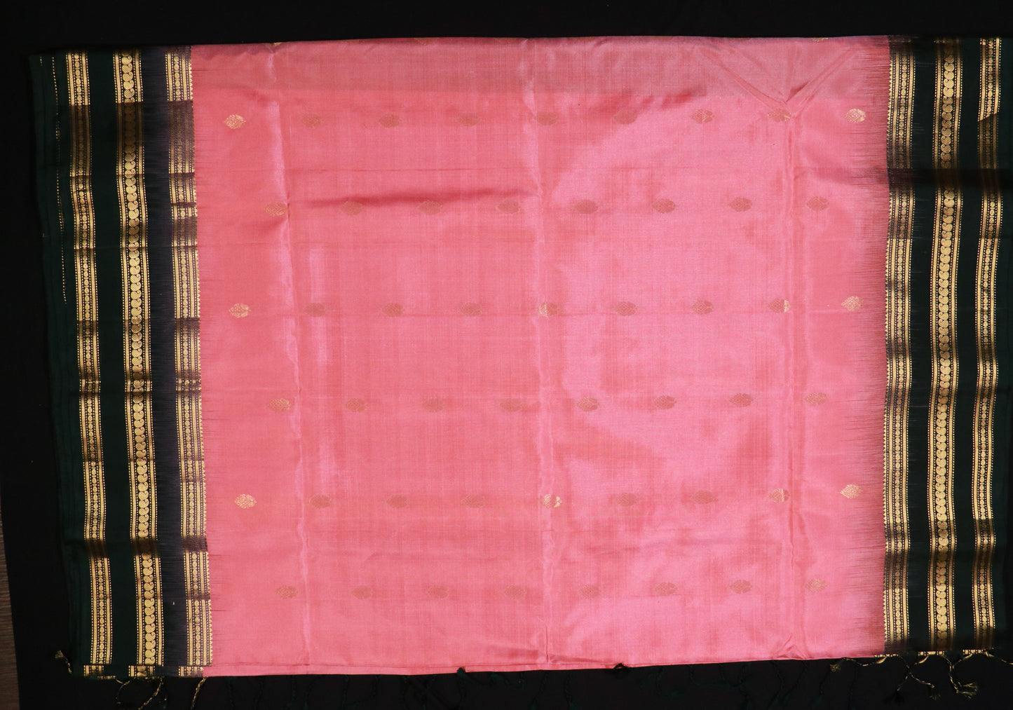 Soft Silk-Body-Pink-Border/Pallu-Dark Olive Green-Gold zari