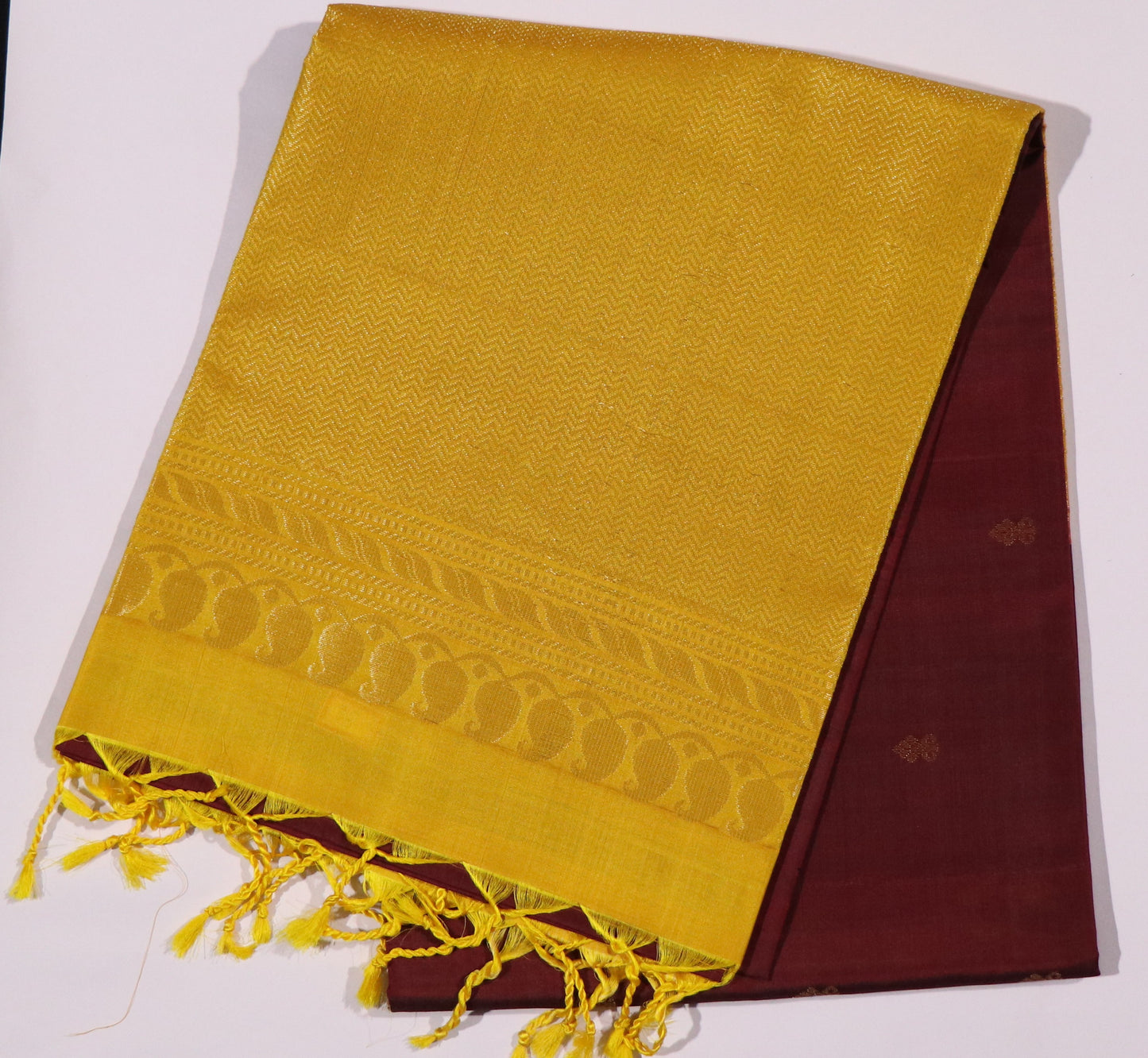 Soft Silk-Body-Deep Maroon-Border-Mustard yellow