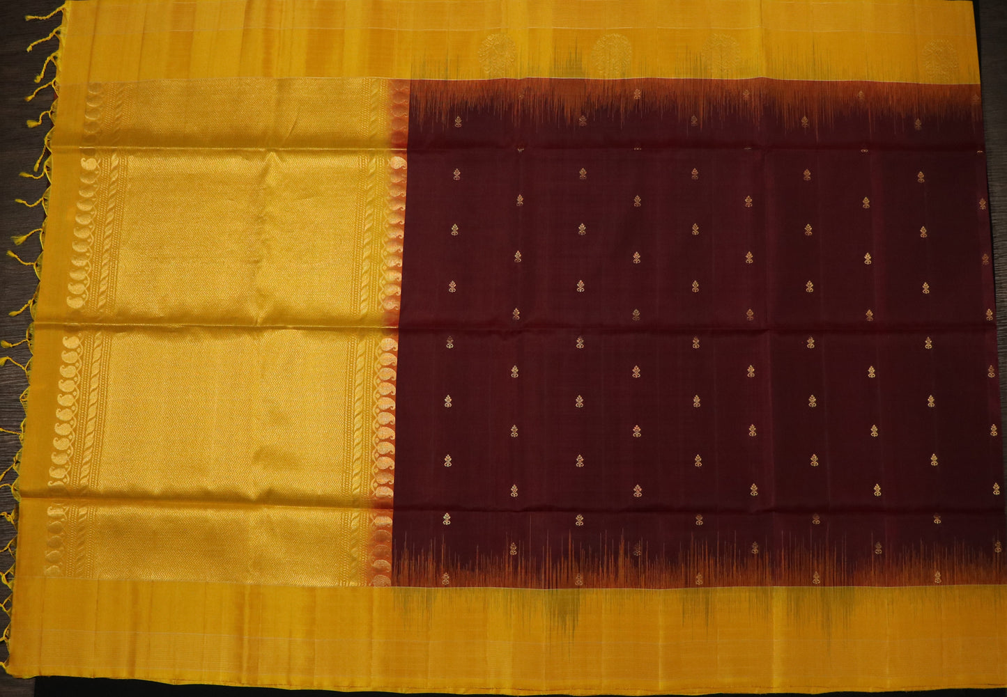 Soft Silk-Body-Deep Maroon-Border-Mustard yellow