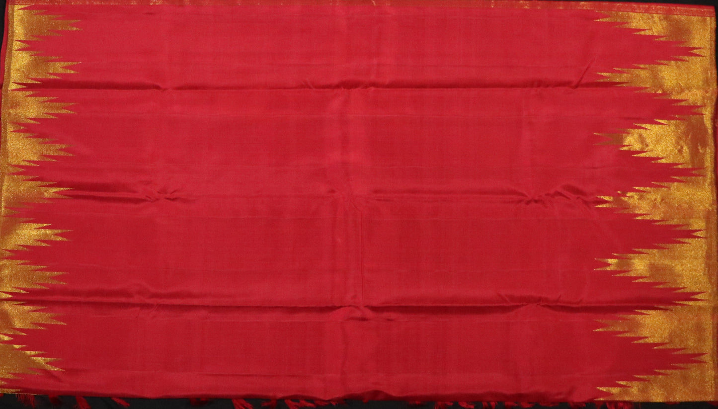 Kanchi Temple Border Silk-Body-Brick Red-Border-Temple Gold