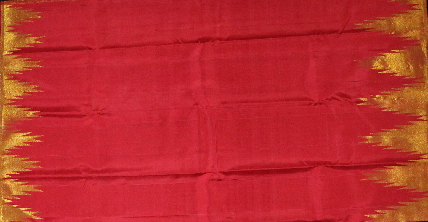 Kanchi Temple Border Silk-Body-Brick Red-Border-Temple Gold