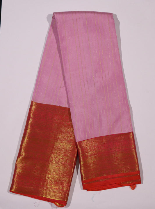 Kanchi Soft Silk Saree – Soft Blush Pink with Deep Vermilion Red Border & Zari