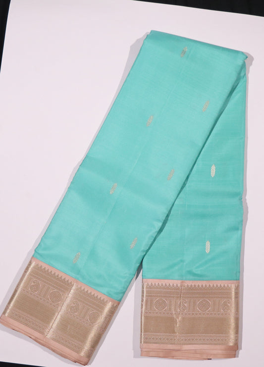 Kanchi Soft Silk Saree – Soft Aqua Body with Rich Antique Gold Zari Border