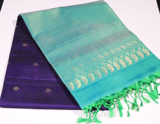 Kanchi Soft Silk Saree – Deep Royal Purple Body with Rich Teal Border & Pallu