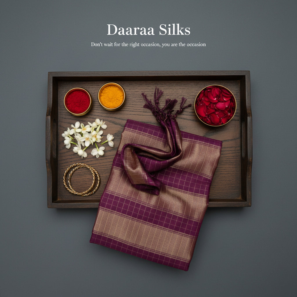 Kanchi Soft Silk Saree – Cream Body with Aubergine Border & Delicate Gold Zari Checks