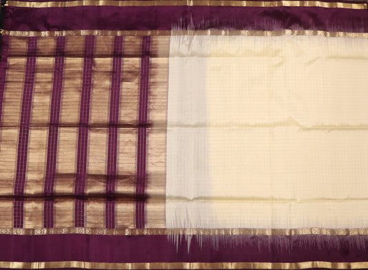 Kanchi Soft Silk Saree – Cream Body with Aubergine Border & Delicate Gold Zari Checks