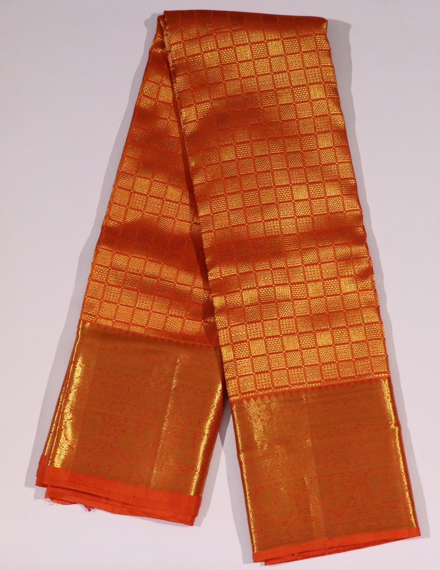 Brocade Silk-Body-Orange-Gold zari check pattern-Border-Solid Broad Gold Zari Panel