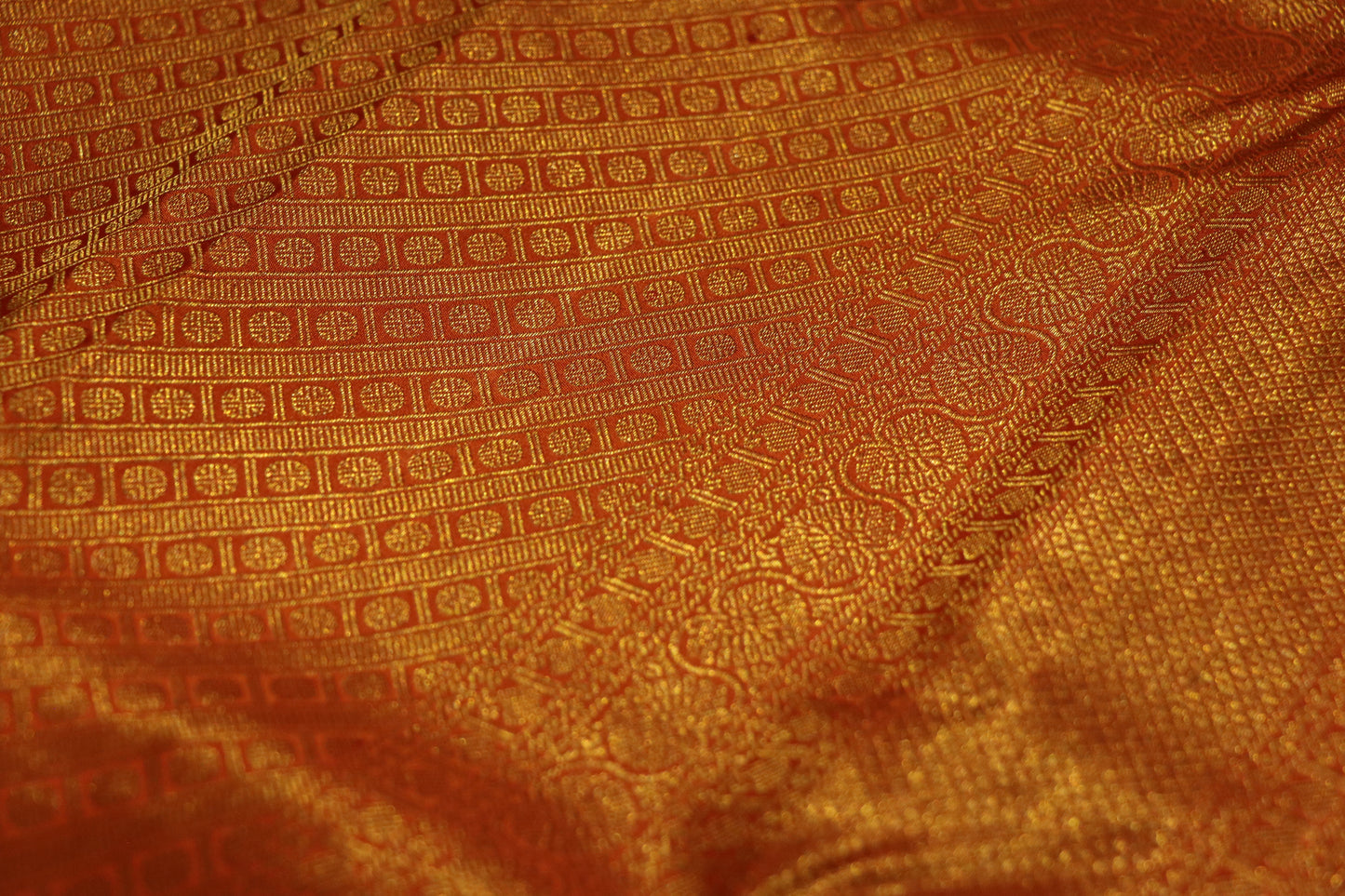 Brocade Silk-Body-Orange-Gold zari check pattern-Border-Solid Broad Gold Zari Panel