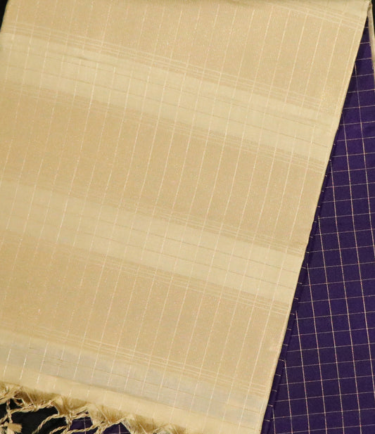 Silk-Body- Deep Navy Blue-Gold zari checks-Border-Warm beige