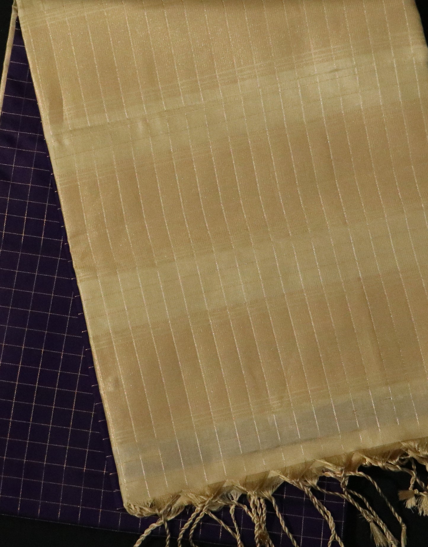 Silk-Body- Deep Navy Blue-Gold zari checks-Border-Warm beige