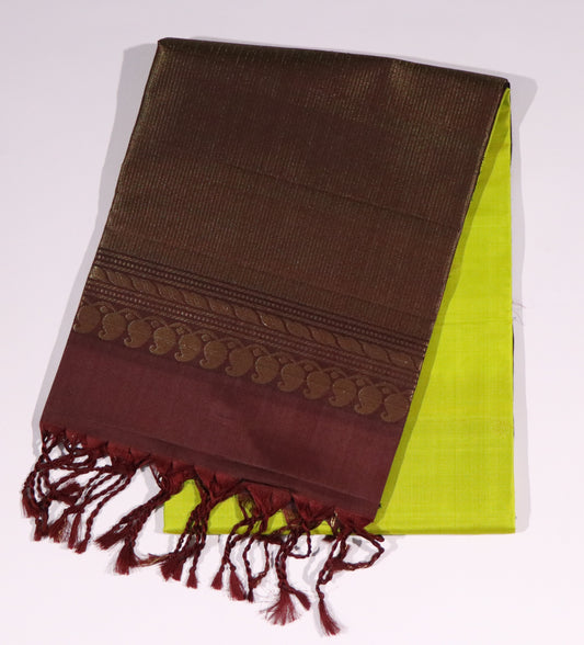 Kanchi Soft Silk Saree – Lemon Green Body with Deep Coffee Brown Border