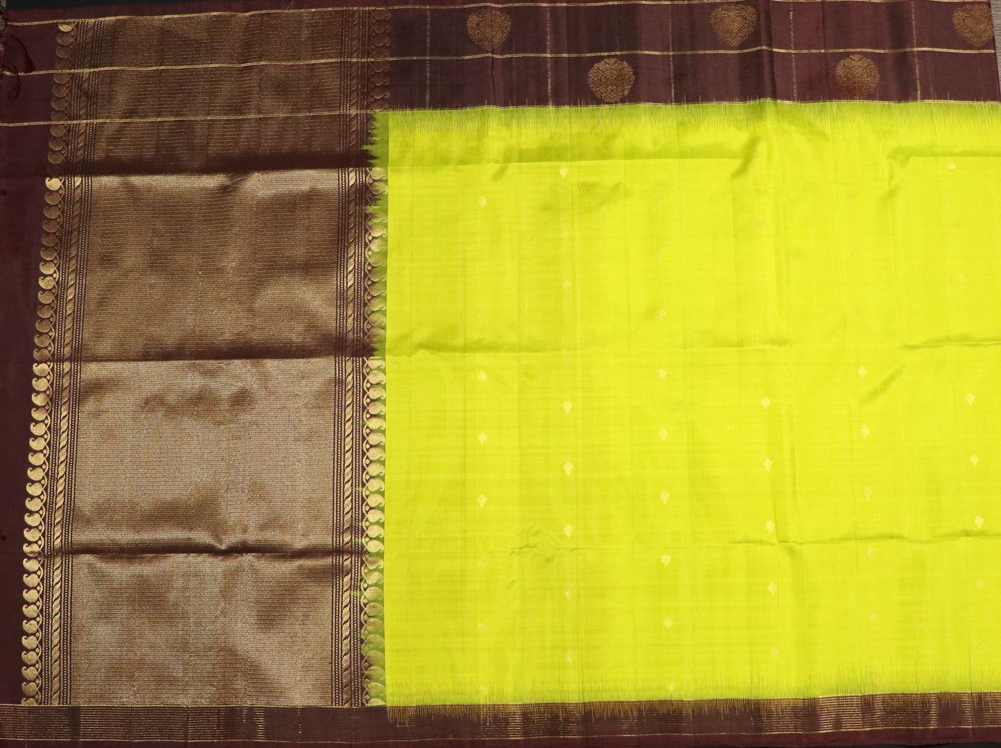 Kanchi Soft Silk Saree – Lemon Green Body with Deep Coffee Brown Border