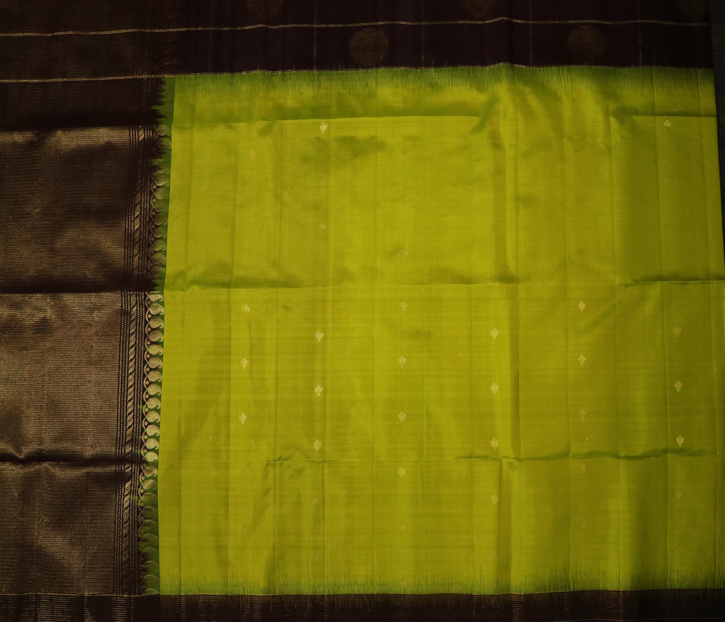 Kanchi Soft Silk Saree – Lemon Green Body with Deep Coffee Brown Border