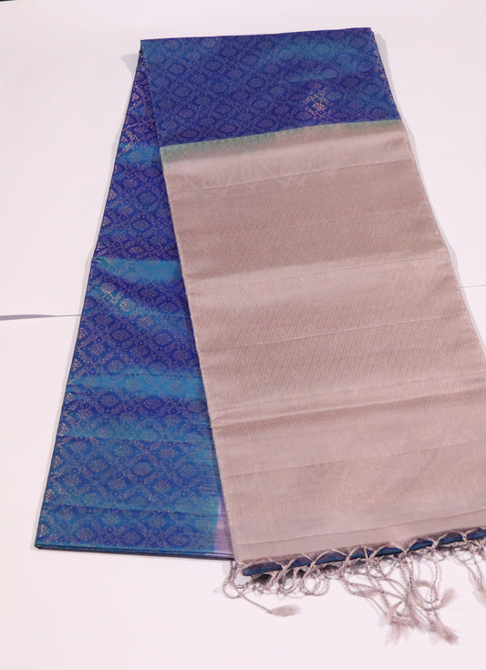 Kanchi Soft Silk Saree – Teal Blue with All-Over Jacquard Pattern & Champagne Beige Border