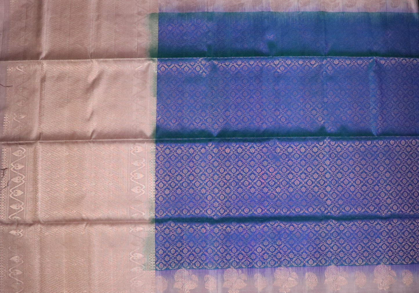 Soft Silk-Body-Teal–blue-All Over Woven Jacquard pattern -Border & Pallu-Soft champagne beige