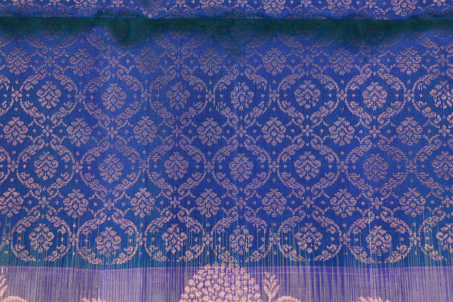 Soft Silk-Body-Teal–blue-All Over Woven Jacquard pattern -Border & Pallu-Soft champagne beige
