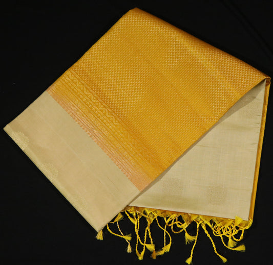 Kanchi Soft Silk Saree – Soft Ivory with Small Circular Buttas & Mustard Gold Pallu