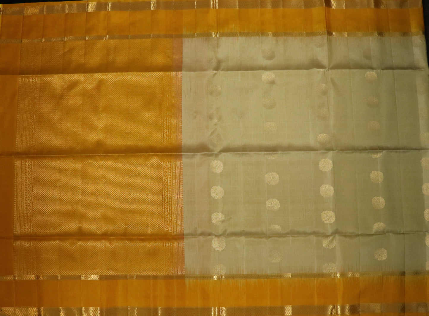 Kanchi Soft Silk Saree – Soft Ivory with Small Circular Buttas & Mustard Gold Pallu