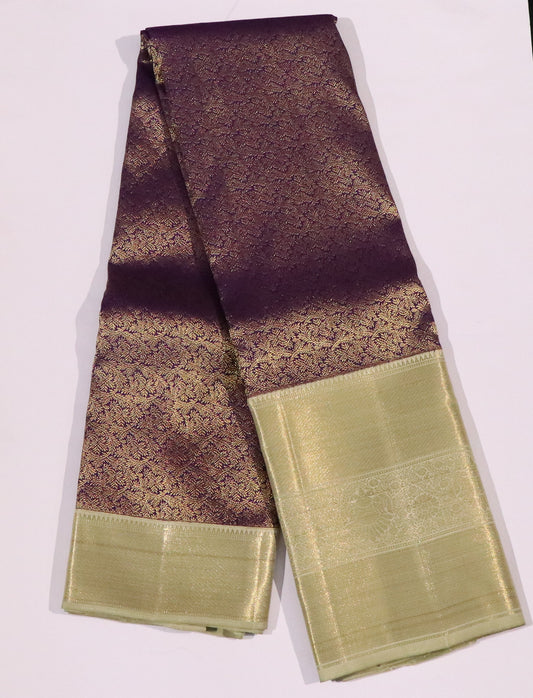 Kanchi Brocade Silk Saree – Deep Aubergine Body with Soft Pale Gold Border