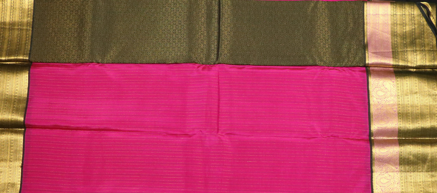 Kanchi Silk-Body-Rani Pink-Border-Antique gold zari with Dark Bottle-Green
