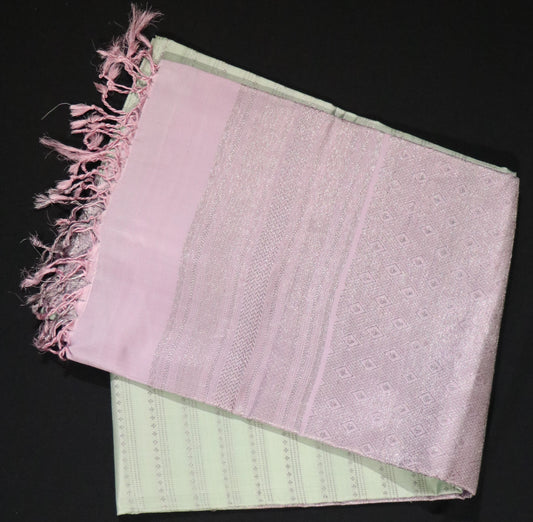 Kanchi Soft Silk Saree – Pastel Mint Green Body with Soft Blush Pink Border