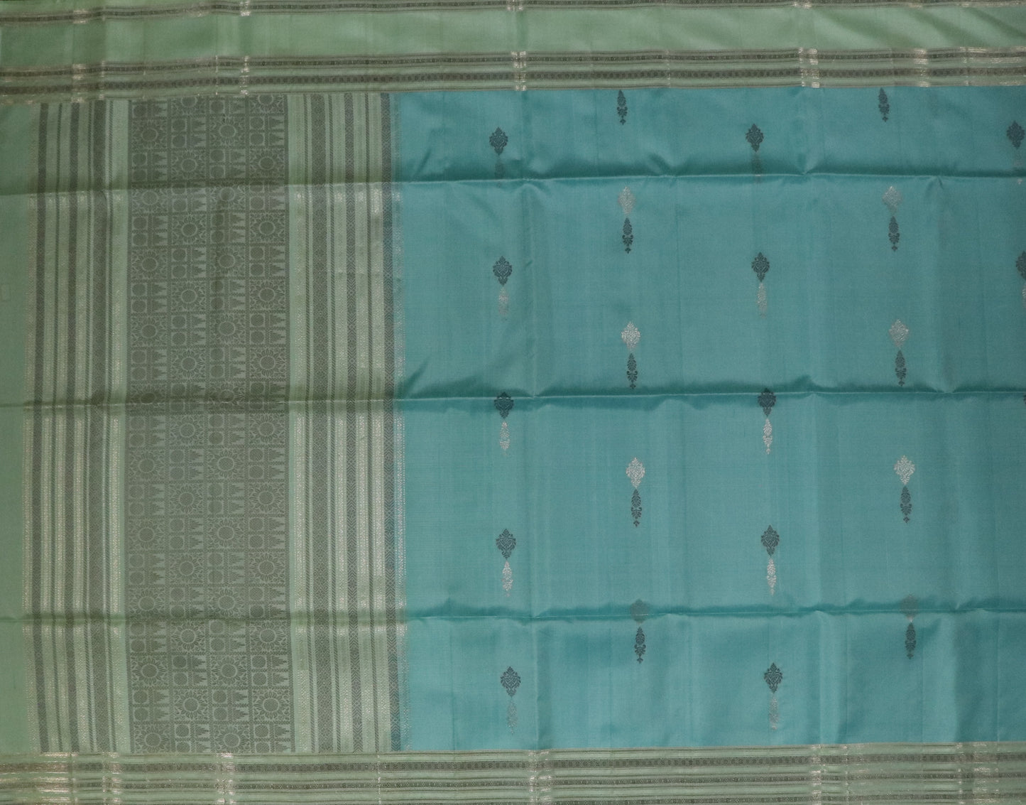 Kanchi Soft Silk Saree – Teal Blue Body with Olive Green Border