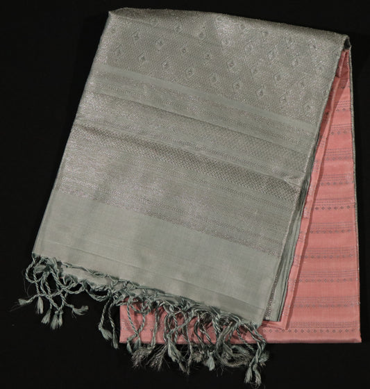 Kanchi Soft Silk Saree – Pink Body with Soft Silver Grey Pallu