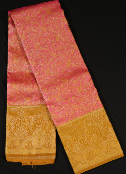 Kanchi Brocade Silk Saree – Rose Pink Body with Antique Gold Border