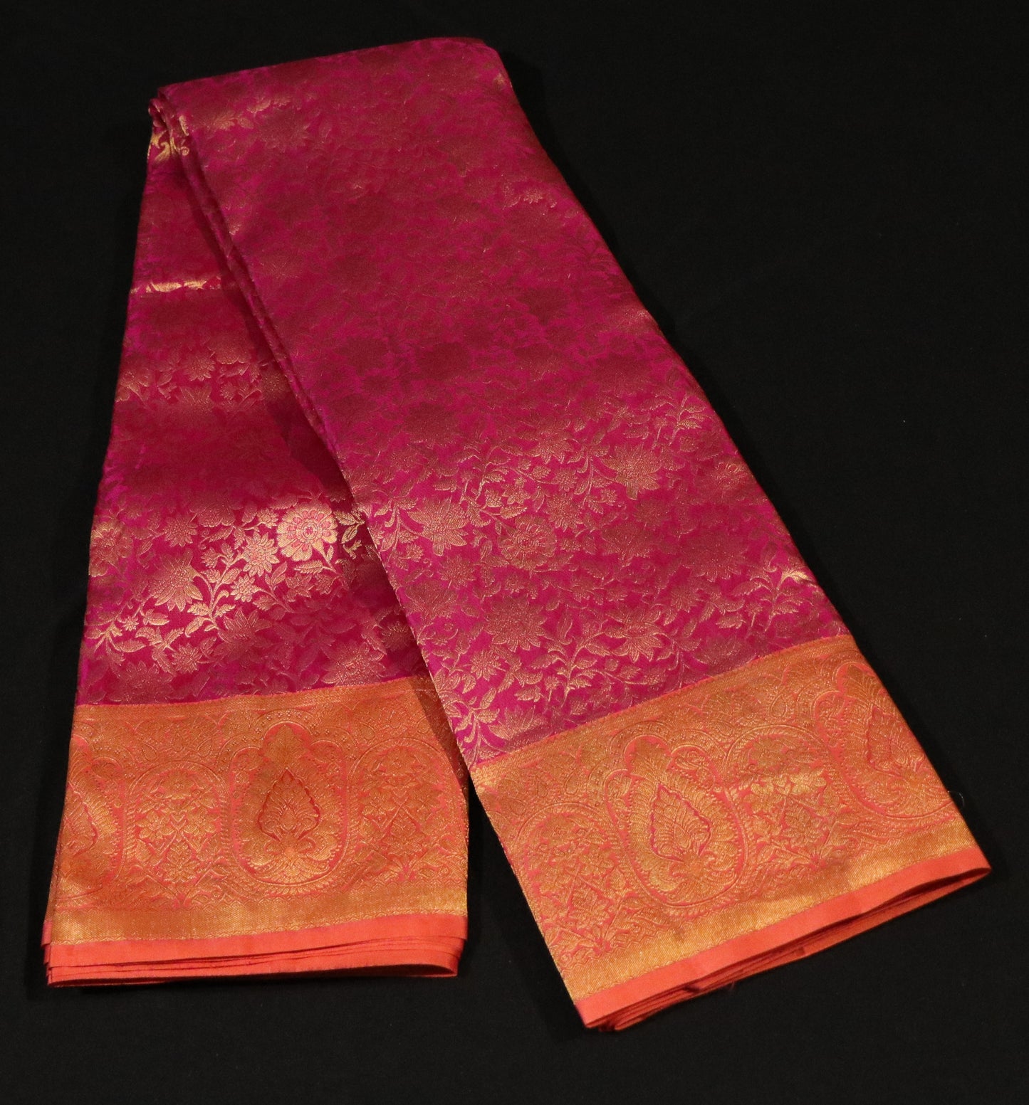 Brocade Silk- Body-Deep Red-Border-Orange-Gold
