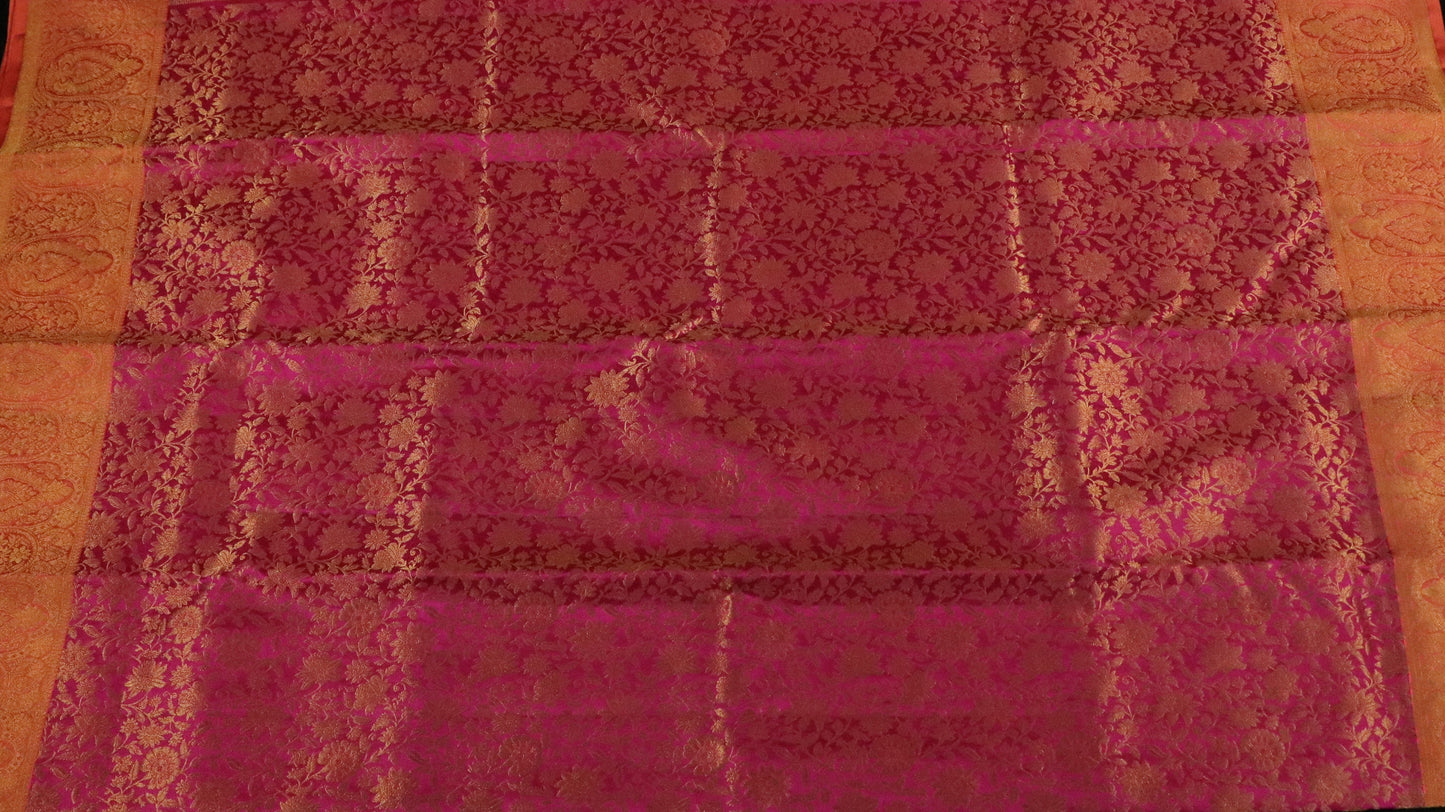 Brocade Silk- Body-Deep Red-Border-Orange-Gold
