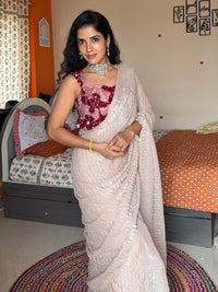Champagne Ivory Organza Sequin Saree with Gold Stone Border