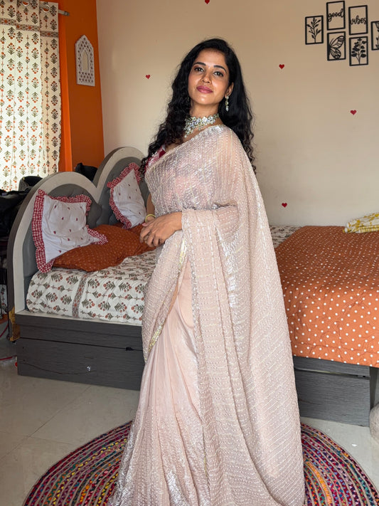 Champagne Ivory Organza Sequin Saree with Gold Stone Border
