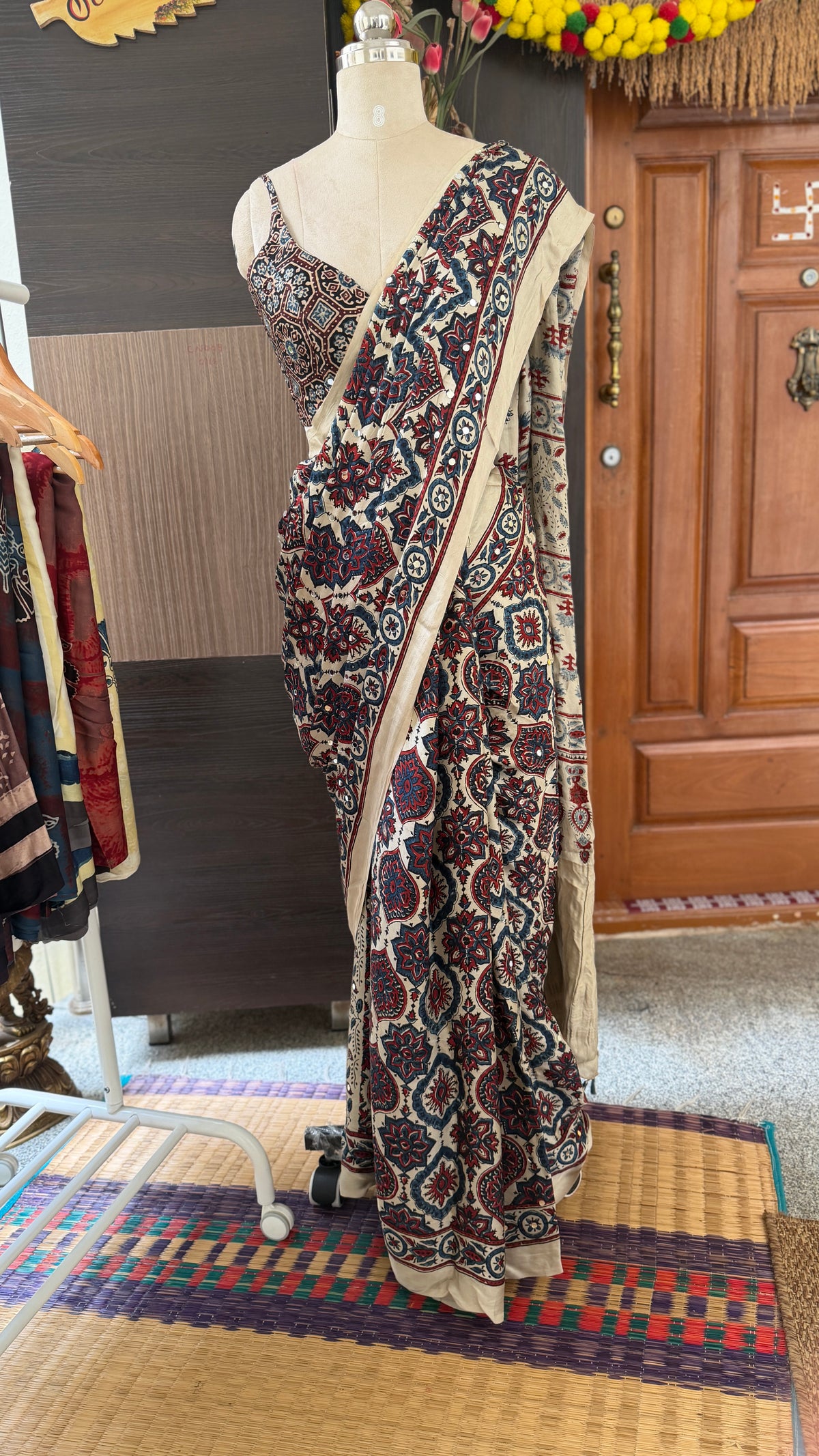 Beige Ajrak hand block print saree with mirror work