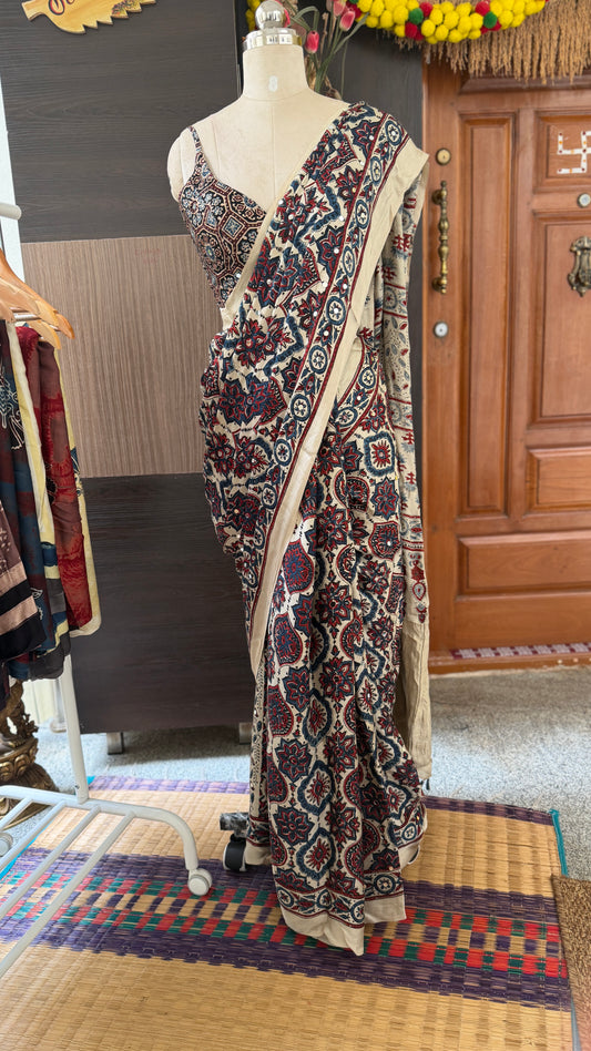 Beige Ajrak hand block print saree with mirror work