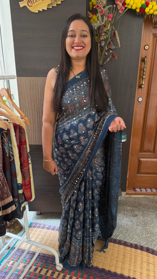 Indigo blue Ajrak hand block print saree with mirror work