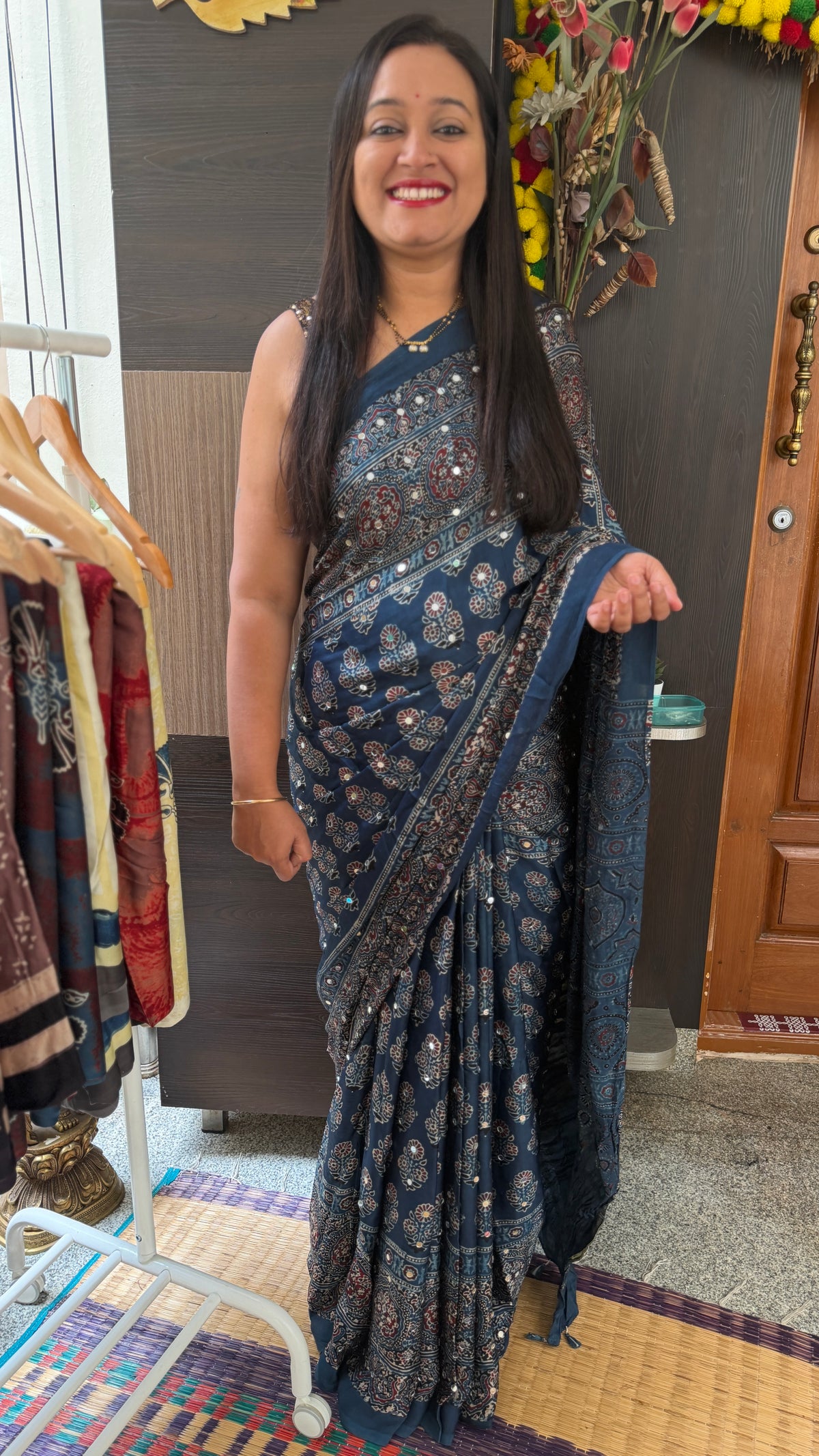 Indigo blue Ajrak hand block print saree with mirror work