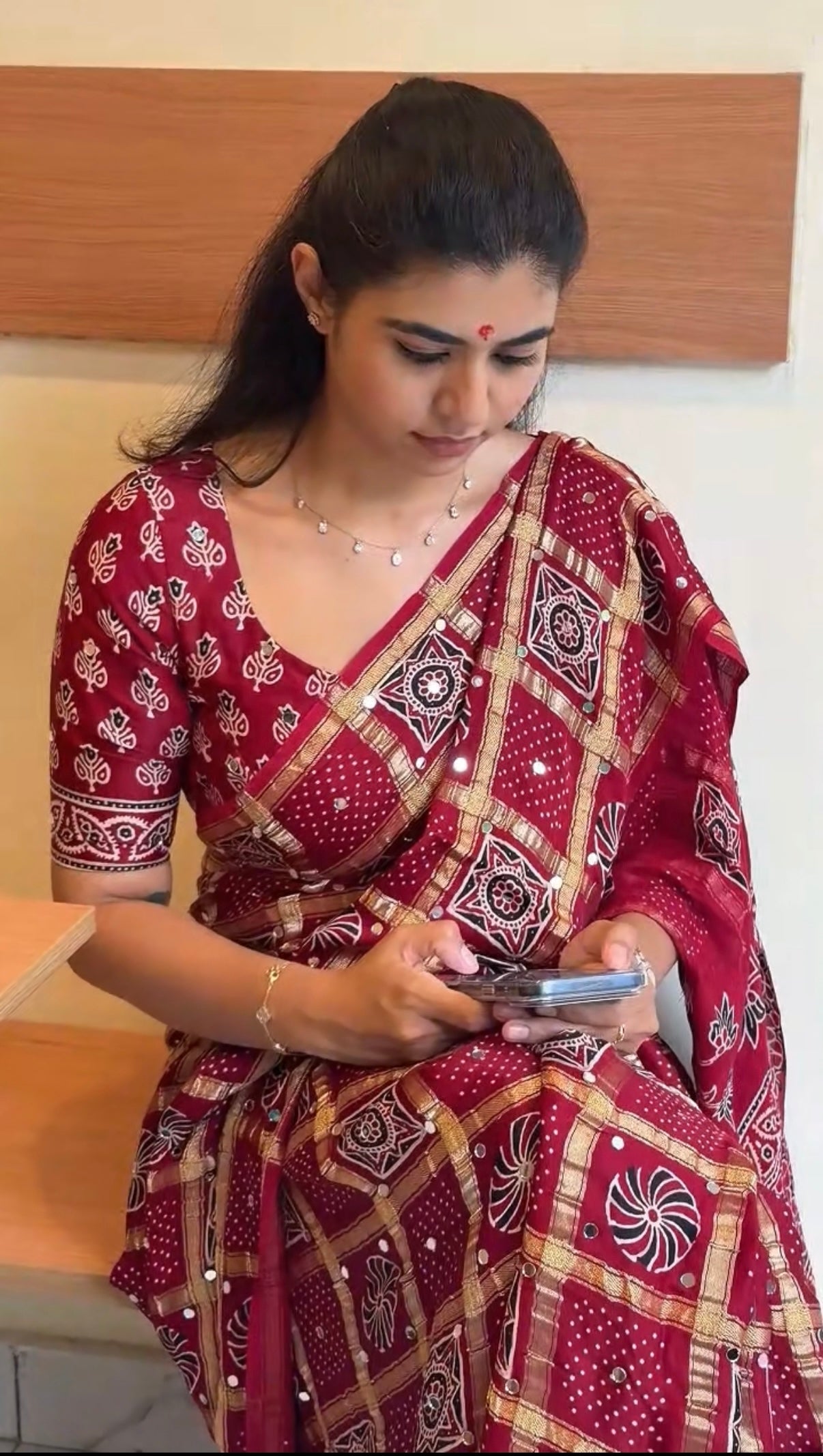 Maroon Bandhini Gharchola Saree with Mirror Work & Gottapatti