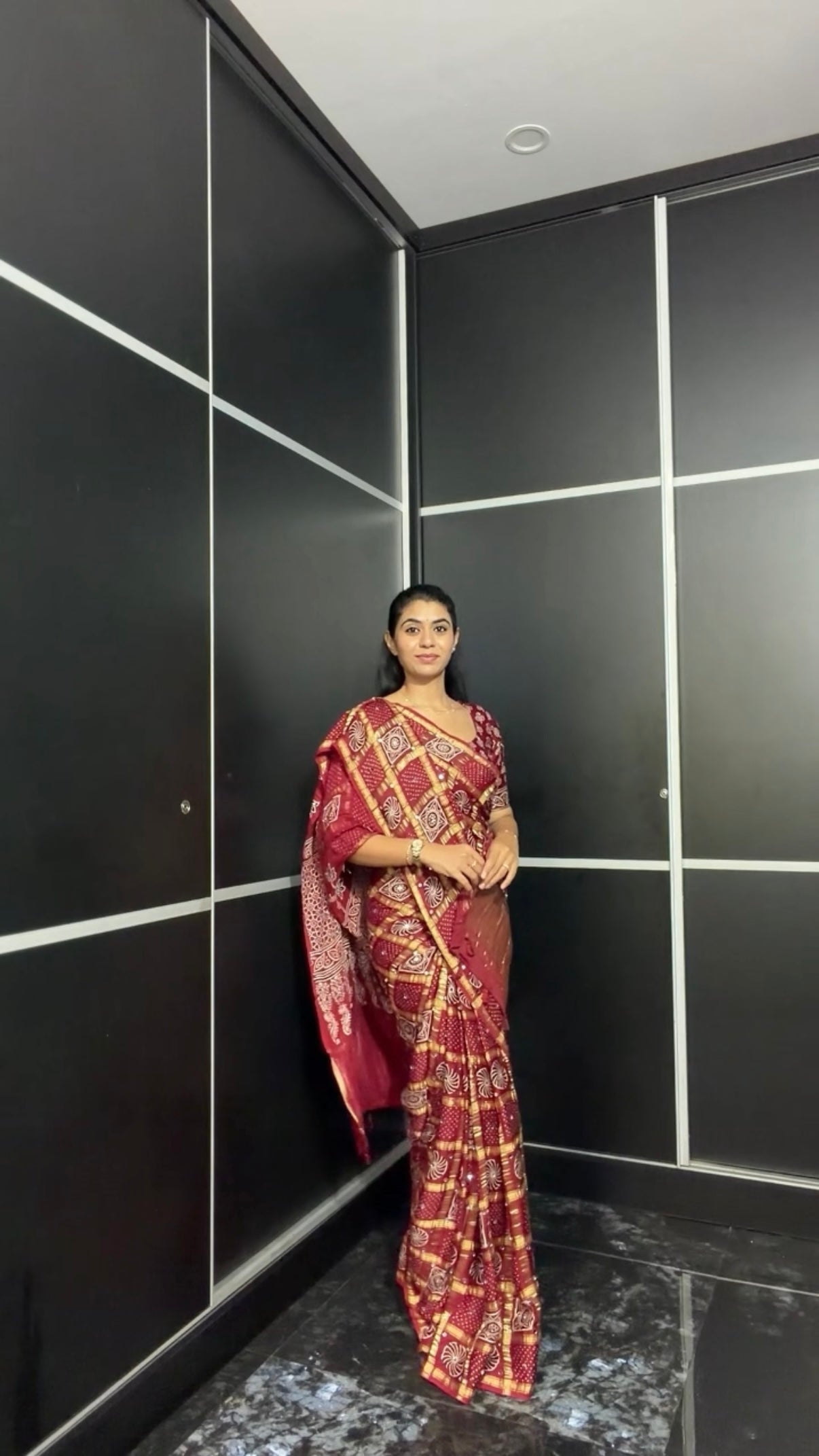 Maroon Bandhini Gharchola Saree with Mirror Work & Gottapatti