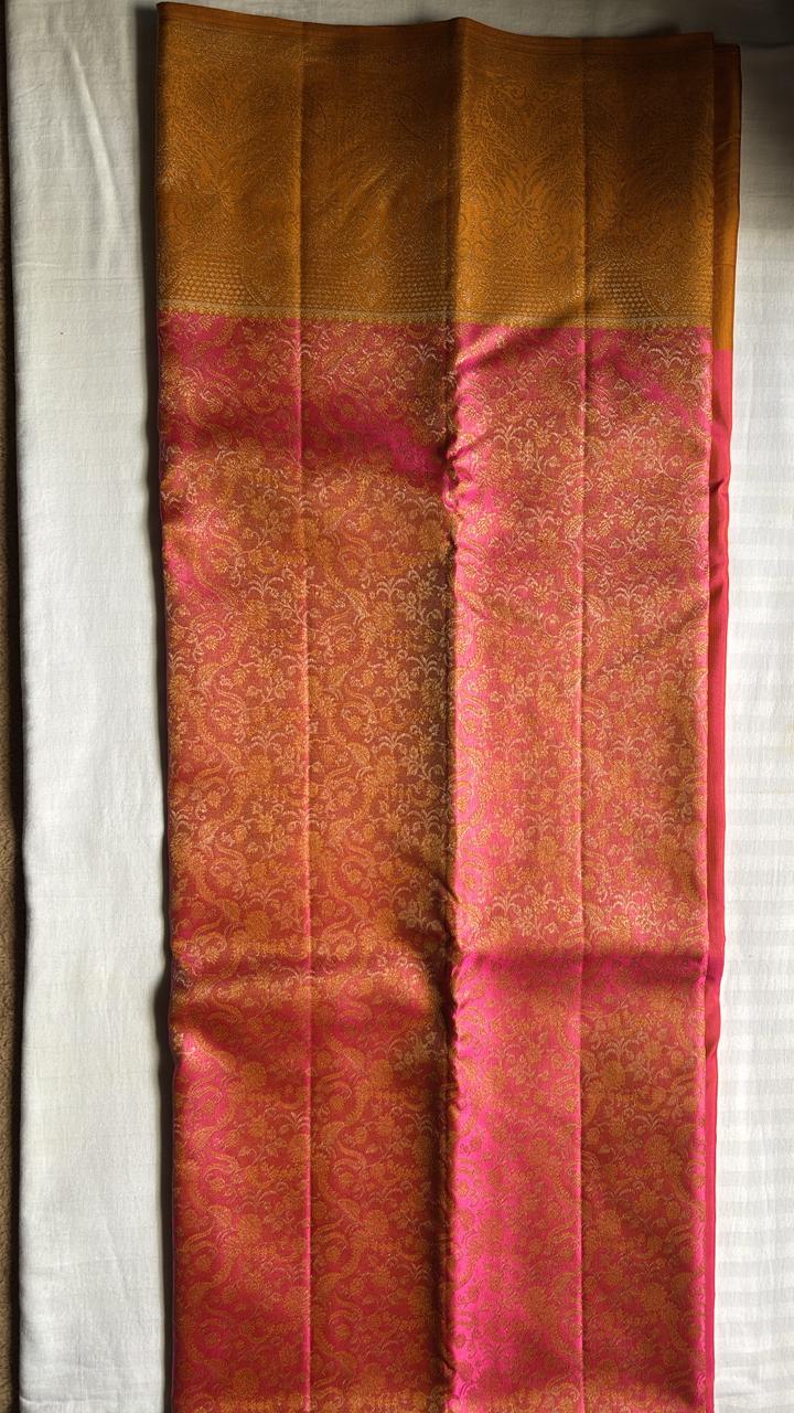 Kanchi Brocade Silk Saree – Rose Pink Body with Antique Gold Border
