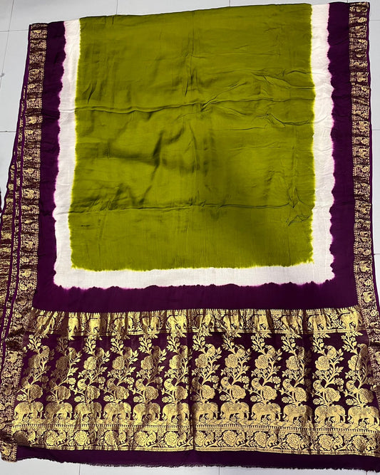 Pure Modal Natural Dye 3D Plain Saree-Olive Green