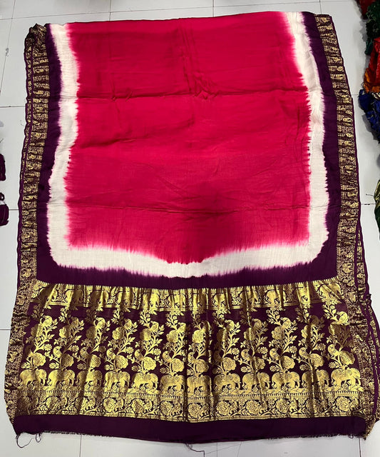 Pure Modal Natural Dye 3D Plain Saree-Rani Pink