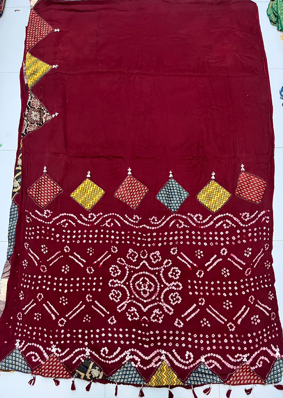 Modal Silk_Plain Saree_Bandhani Pallu_Mushroo_Patch_Mirror work_Brown