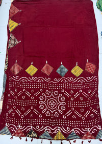 Modal Silk Bandhani Pallu Saree with Mirror Work – Brown